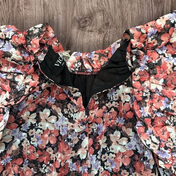 VICI Floral Sleeveless Ruffle Blouse Mock Neck Size Small Exclusive Fate Design - Picture 4 of 11